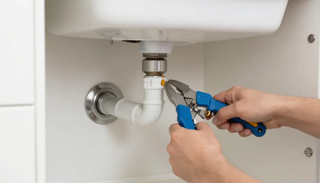 Plumber fixing kitchen sink leak in a UK home