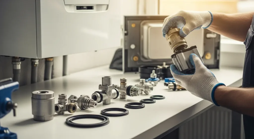 Heating engineer inspecting boiler parts like pump, valve, thermostat and seals during maintenance.