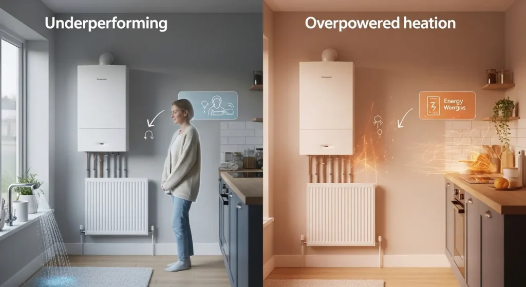 UK boiler showing heating issues with hot water and room temperature imbalance in home.