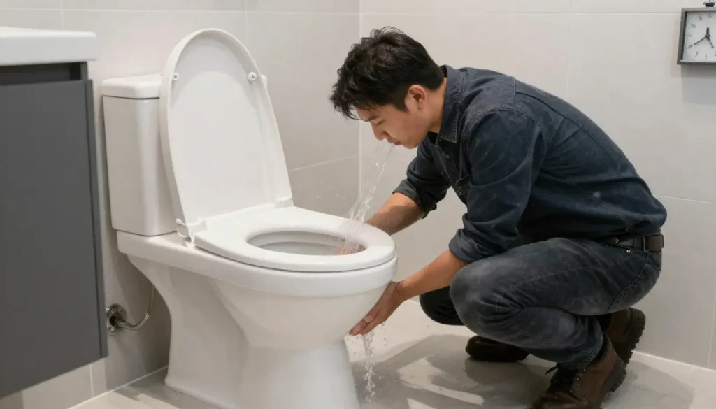 Professional plumber handling toilet blockage showing emergency and same-day response service