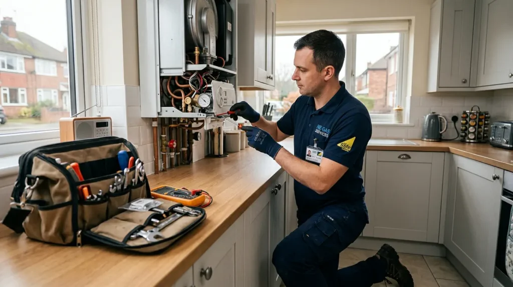 Professional Gas Safe engineer inspecting and repairing a domestic boiler in a UK home kitchen in Newcastle-under-Lyme.