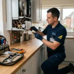 Professional Gas Safe engineer inspecting and repairing a domestic boiler in a UK home kitchen in Newcastle-under-Lyme.