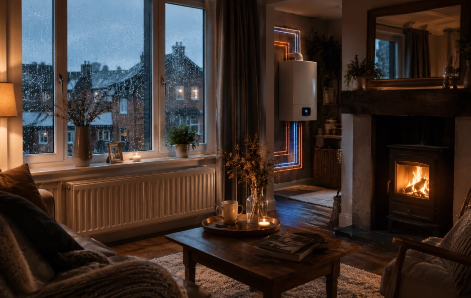 Cozy winter living room with warm radiator heat and cold rainy weather outside window.
