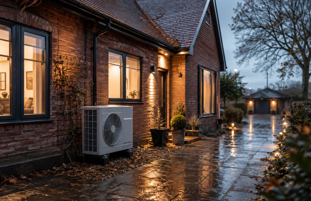 Home in cold Uttoxeter weather with visible boiler system and warm indoor lighting