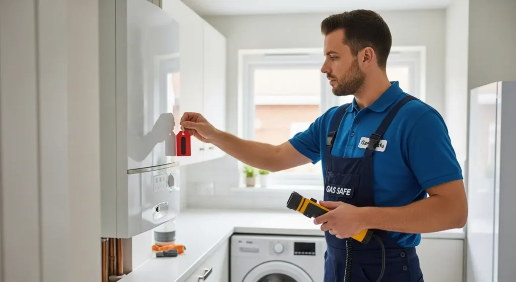 Gas engineer labeling a boiler as unsafe during a home safety inspection in a UK house.