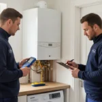 Gas engineer performing safety inspection on boiler inside a UK home with testing equipment.