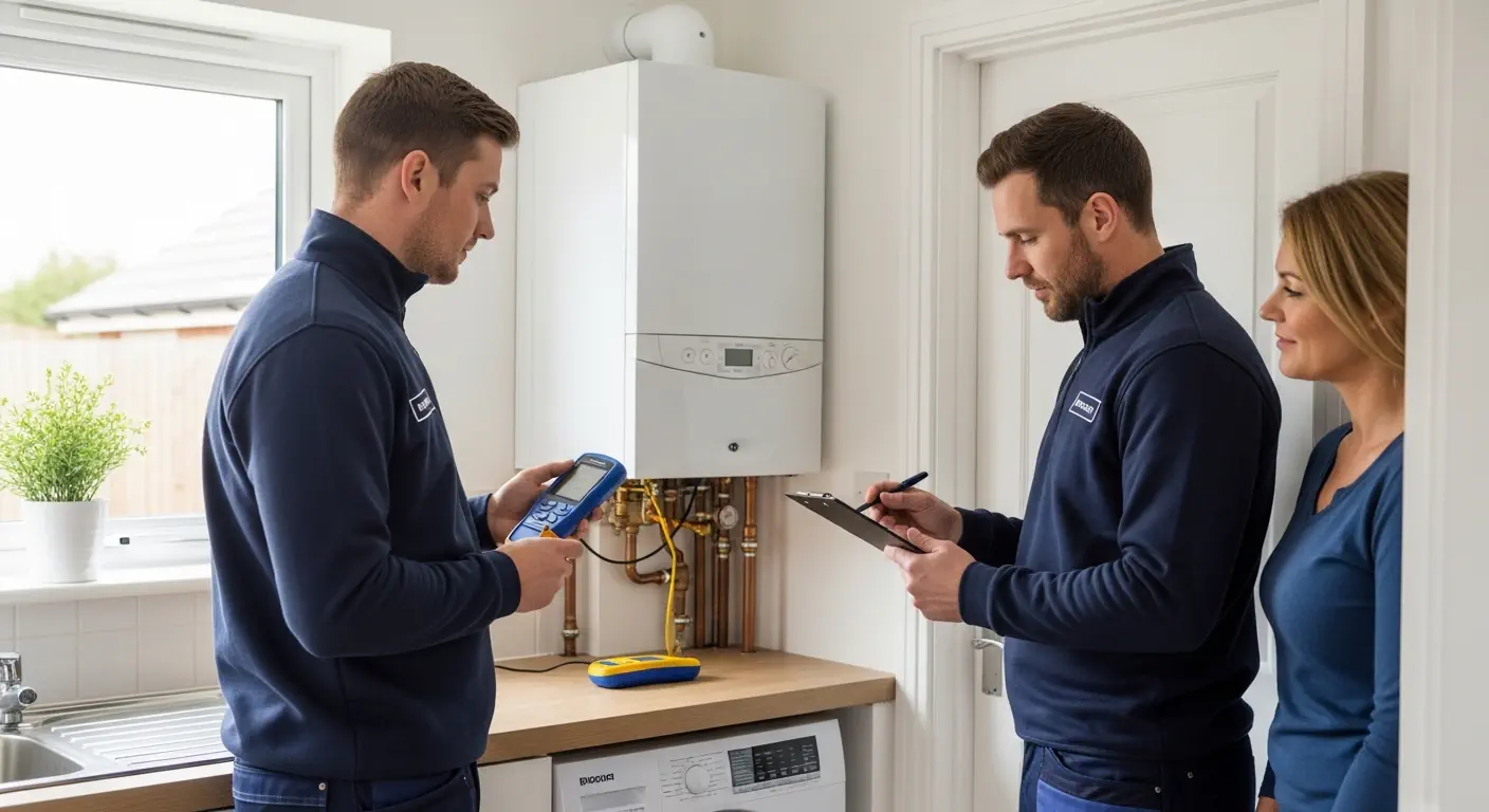 Gas engineer performing safety inspection on boiler inside a UK home with testing equipment.
