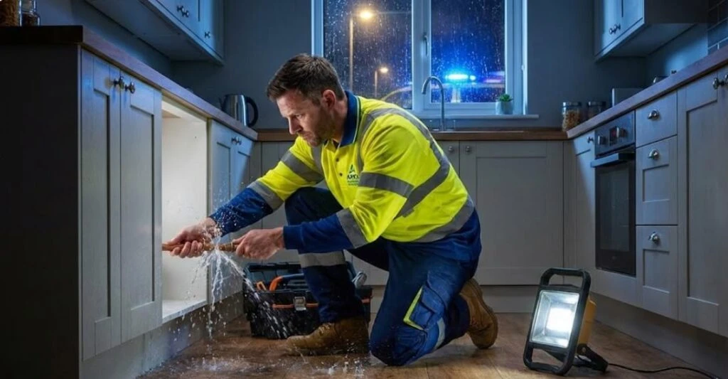 24/7 emergency plumber fixing a burst pipe in a UK home at night