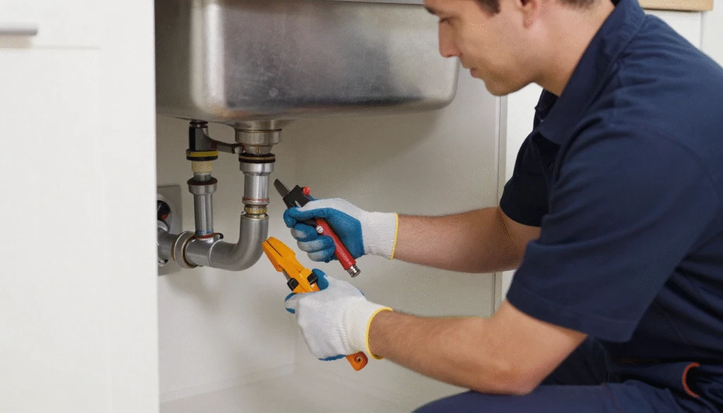 Plumber fixing dripping tap and checking pipes inside a UK home