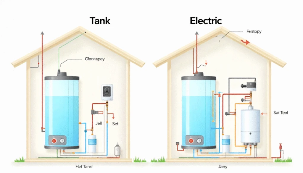 Different types of water heaters: tank, tankless, gas and electric models