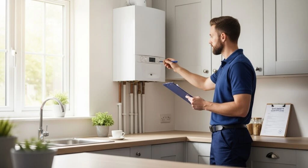 Gas engineer inspecting boiler in home kitchen for safety check